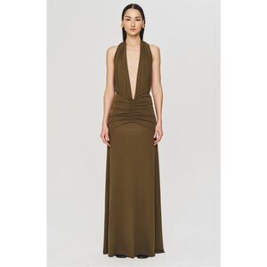 Ronny Kobo Womens LaBelle Halter Neck Open Back Maxi Dress Olive Size XS